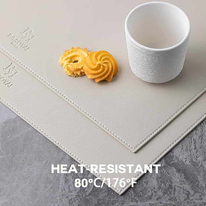 Baroyal Faux Leather Placemats Set of 4 Vinyl Washable Wipeable Table Mats for Kitchen Dining Table Heat Resistant Waterproof Modern Indoor/Outdoor Placemats Non-Slip Easy Clean Place Mats-Cream White
