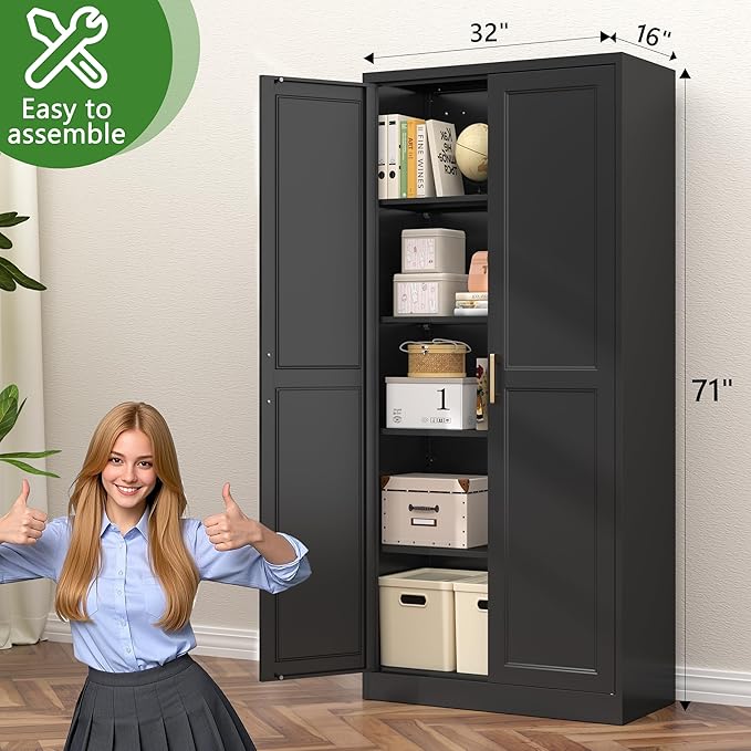 71" Kitchen Pantry Storage Cabinet,Black Tall Storage Cabinet With Doors and Shelves,Metal Food Pantry Cabinets for Kitchen Storage,Freestanding Cupboard for Dining Living Room,Assemble Required