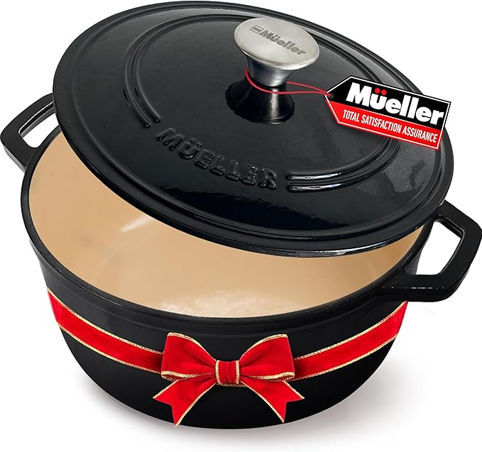 MUELLER HOME 6 Quart Enameled Cast Iron Pot Dutch Oven, Heavy-Duty Oven-Safe up to 500째 F, & Across All Cooktops, Casserole Dishes for Ovens, Bread Pan with Lid and Knob, Cast Iron Cookware, Black