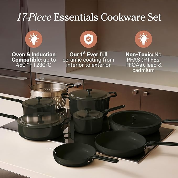 Our Place 17-Piece Essentials Complete Cookware Set - Ceramic Fry Pans, Saucepans, Saut챕 Pan, Stock Pot, Strainer Basket & Modular Storage | Thermakind??Nonstick, Oven Safe up to 450째F | Char