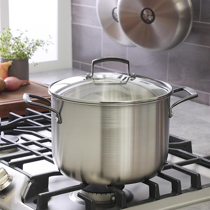 Babish 8 Quart Tri-Ply Stainless Steel Stock Pot with Glass Lid & Black Handles ??Dutch Oven, Oven Safe, Dishwasher Safe