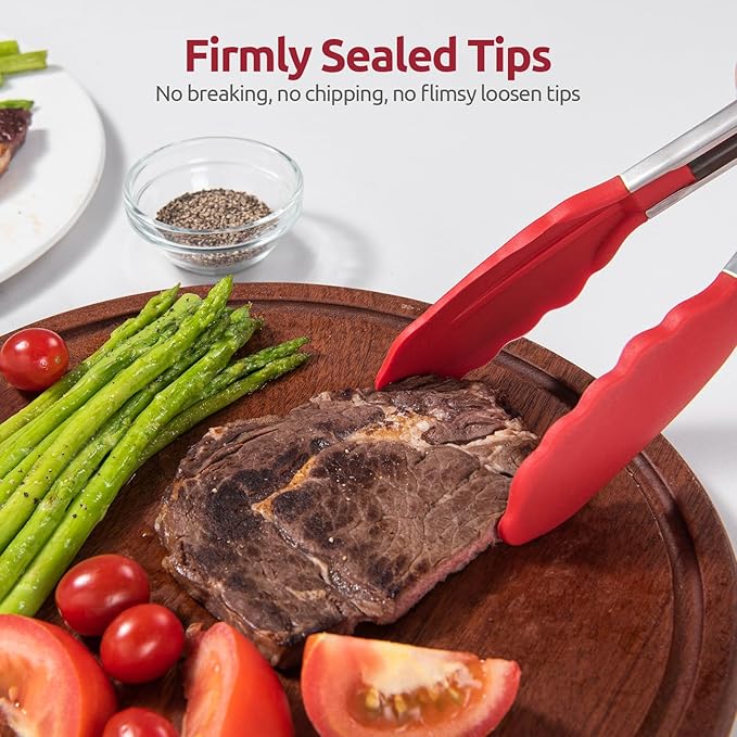 600쨘F Heat Resistant Kitchen Tongs: U-Taste 9+12 inch Silicone Cooking Tong Set with Firm Sealed Non Stick Rubber Tips and Silicon Coated 18/8 Stainless Steel Handle for Serving Grilling Salad(Red)
