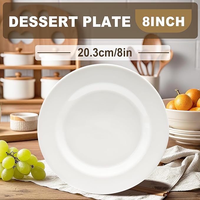 6 Sets 8 Inch Plate Set Unbreakable Lightweight Dessert Plates - White Dinner Plates Dishwasher Safe Outdoor Kitchen Kids Snack Plate Scratch Resistant Reusable Gift For Wedding Home Everyday Use