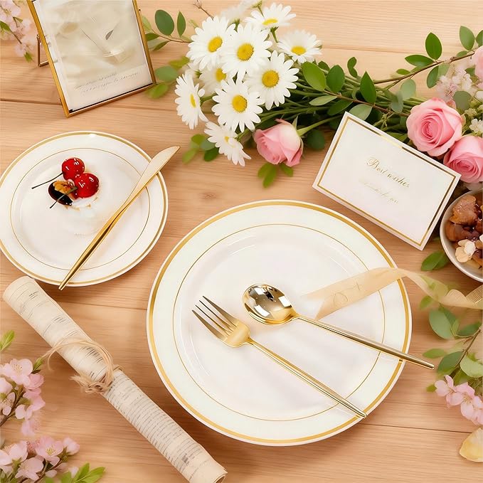 U-QE 100pcs Ivory Plastic Plates for Party - Ivory Gold Plastic Plates Disposable Heavy Duty - Include 50 10" Dinner and 50 7" Dessert Plate, Perfect for Party, Wedding