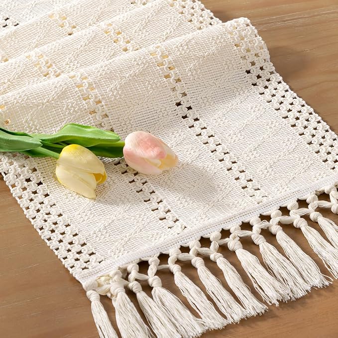 Socomi Boho Table Runner Valentine's Day Farmhouse Rustic Dining Kitchen Centerpiece Decor Small Macrame Woven Cotton Linen Coffee Table Runner for Dresser Scarf Home Decor 12x36 inch Cream Ivory