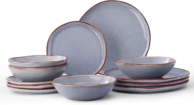 Bestone 12 Pieces Round Kitchen Dinnerware Sets竊똏lates and Bowls Sets,Dishes, Plates, Bowls, Dish Set, Chip Resistant Ceramic Dinnerware Set, Dishwasher/Microwave Safe,Service for 4,Reactive Blue
