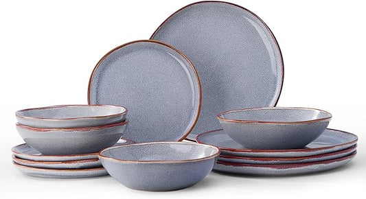 Bestone 12 Pieces Round Kitchen Dinnerware Sets竊똏lates and Bowls Sets,Dishes, Plates, Bowls, Dish Set, Chip Resistant Ceramic Dinnerware Set, Dishwasher/Microwave Safe,Service for 4,Reactive Blue