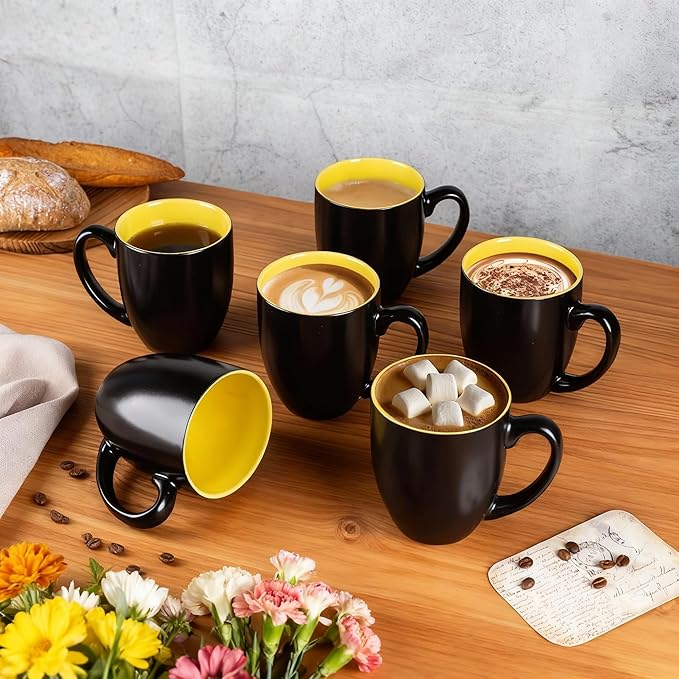 GBhome 12oz Coffee Mugs Set of 6, Large Ceramic Coffee Mugs for Man, Woman, Dad, Mom, Modern Coffee Mugs Set with handle for Tea/Latte/Cappuccino/Milk/Cocoa. Dishwasher&Microwave Safe,Yellow