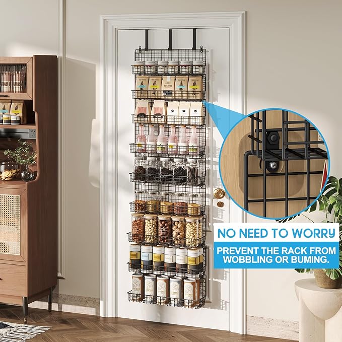 JKsmart 9-Tier Spice Rack Organizer with Door Hook, Wall Mount, and Extra Large Capacity for Pantry Door ??Stylish Black Design for Effortless Organization, Ultimate Kitchen Storage Solution