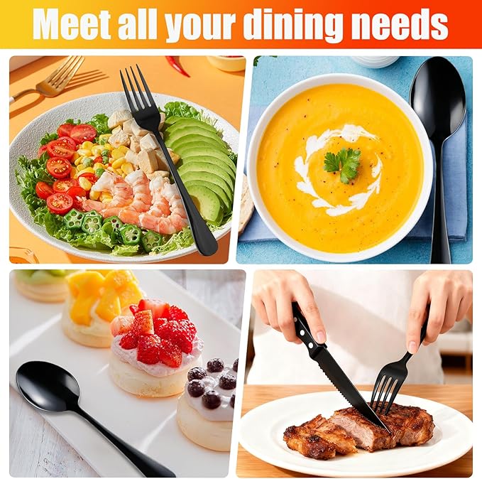 24 PCS Black Silverware Set,Food-Grade Stainless Steel Flatware with Steak Knives,Mirror Polished Utensil Sets for 4,Tableware Cutlery Set Include Forks and Spoons for Kitchen,Home,Restaurant