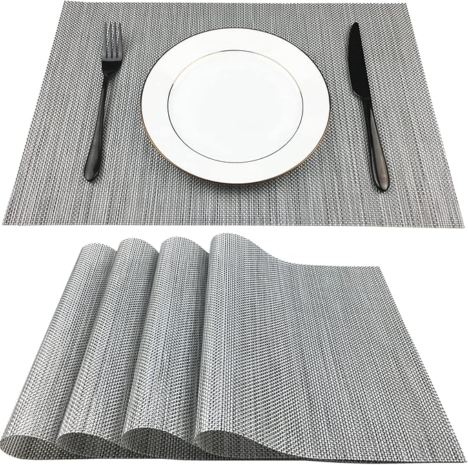 WAZAIGUR Placemats,Easy to Clean Crisscross Woven Vinyl Place Mats Durable Non-Slip Heat Resistant Table Mats,Placemats for Kitchen Table Set of 4,Silver and Black