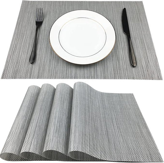 WAZAIGUR Placemats,Easy to Clean Crisscross Woven Vinyl Place Mats Durable Non-Slip Heat Resistant Table Mats,Placemats for Kitchen Table Set of 4,Silver and Black