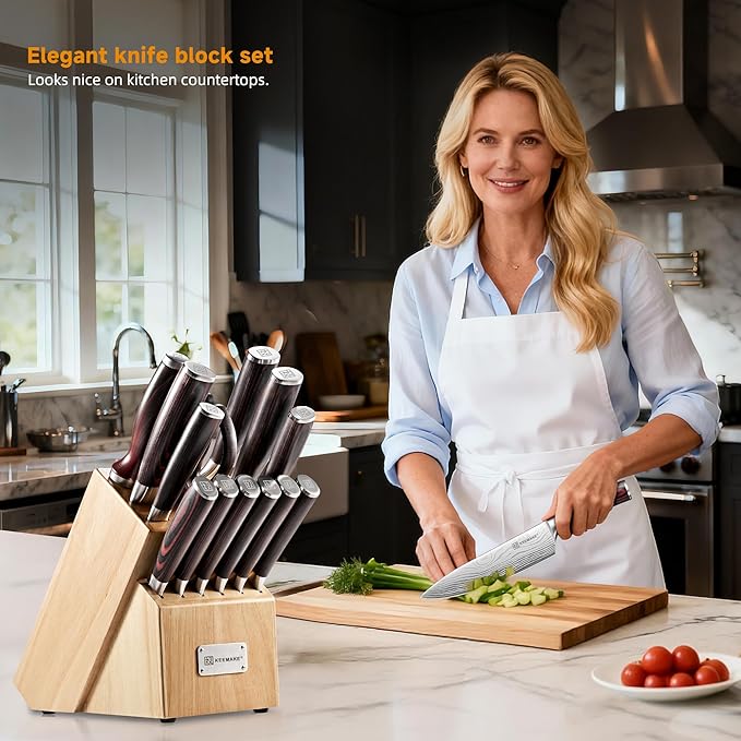 KEEMAKE Knife Block Set - 14 Piece Kitchen Knife Set with Block High Carbon Stainless Steel Ultra Sharp Chef Knife Sets Professional Kitchen Knives with Ergonomic Pakkawood Handle and Sharpener