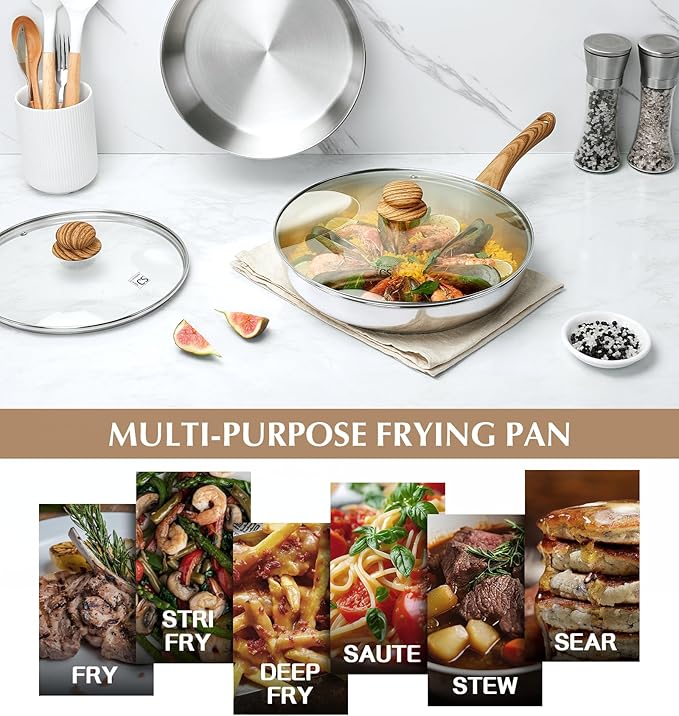 KOCH SYSTEME CS Stainless Steel Pan 10 Inch, Induction Tri-Ply Bottom Stainless Steel Frying Pan with Heat-resistant Bakelite Handle, 10 Inch Stainless Skillet with Lid for Cooking, Dishwasher Safe