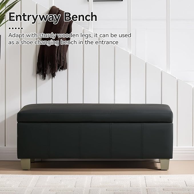 WUTUTUEE 41" Faux Leather Storage Ottoman, Stitch Tufted Rectangle Upholstered End of Bed Storage Bench, Entryway Large Couch Ottoman with Wooden Legs, Dark Black