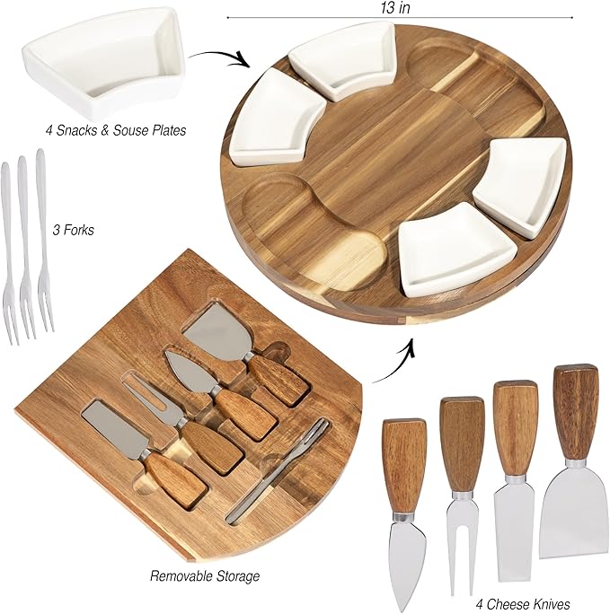 Acacia Cheese Board & Knife Set ??Charcuterie Board with Ceramic Bowls, Slide-Out Drawer & Serving Utensils, Perfect for Entertaining ??Ideal Gift for Weddings, Housewarming & Holidays