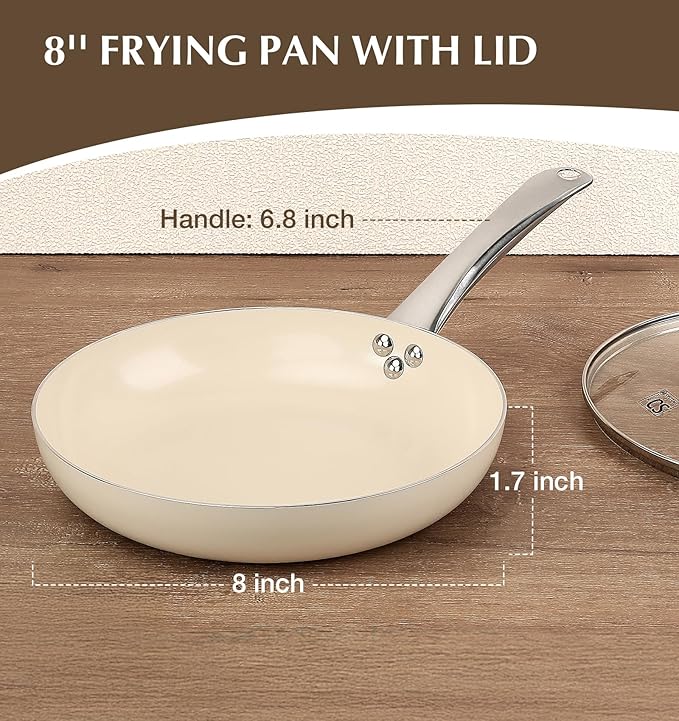 KOCH SYSTEME CS Nonstick Frying Pan with Lid, 8 Inch Non-Stick Skillet with Stay-Cool Stainless Steel Handle, Omelet Pan with Nonstick Ceramic Coating, PFOA Free, Oven Safe, Cream White