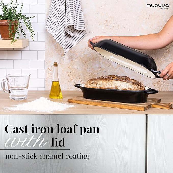 Enamelled Cast Iron Bread Loaf Pot ??Dutch Oven For Sourdough Bread Baking ??Oven Safe Non Stick Bread Pot ??Rectangular, Black, 34cm x 16cm ??by Nuovva