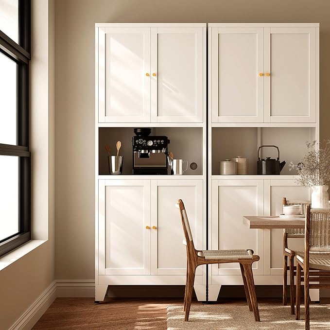 69"H Kitchen Pantry Cabinet with Countertop and Microwave Shelf,Metal Microwave Stand Cabinet with Storage竊똚hite Farmhouse Food Storage cabinet,Tall Freestanding Pantry Cabinets for Dining Room