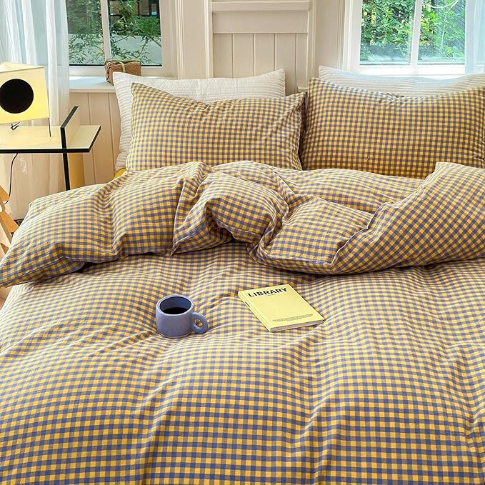 LifeTB Queen Comforter Set Purple Yellow Gingham Comforter Geometric Checkered Pattern Comforter Set Boho Grid Plaid Bedding Comforter Fluffy Soft Farmhouse Grid Bedding Set Queen Size Durable