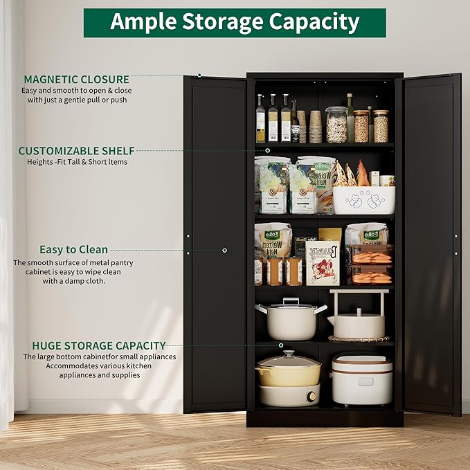 CJF 71" H Metal Kitchen Pantry Storage Cabinet, Freestanding Cupboard with 2 Doors and 4 Adjustable Shelves, Standing Storage for Kitchen, Bathroom, Garage, Dinning Room or Utility Room（Black）