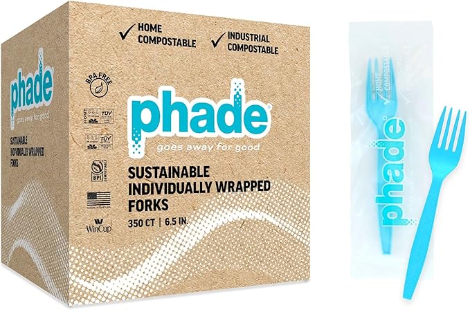 phade 100% Compostable Forks ??BPI Certified Wrapped Cutlery in Compostable Packaging, 350 Bulk Count, 6.5 Inch Sustainable Disposable Utensils for Events, Takeout, Home ??Made in USA