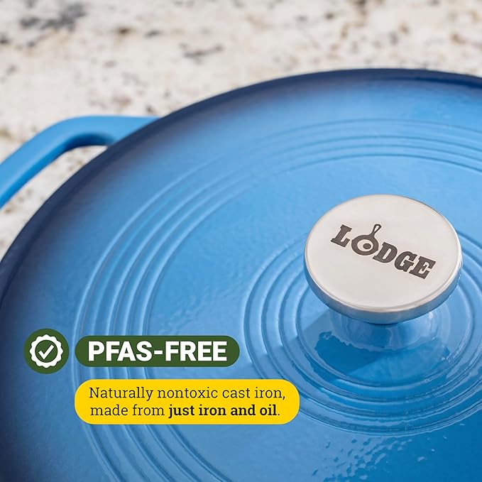 Lodge 3.6 Quart Enameled Cast Iron Oval Casserole With Lid ??Dual Handles ??Oven Safe up to 500째 F or on Stovetop - Use to Marinate, Cook, Bake, Refrigerate and Serve ??Caribbean Blue