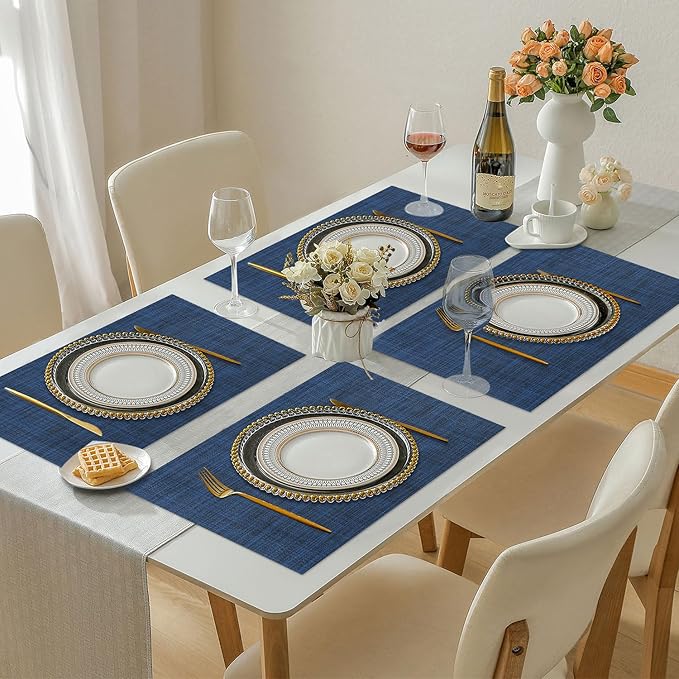 LANDVIEW Vinyl Placemats Set of 6, PVC Woven Washable Non-Slip Table Mats, Heat Resistant Wrinkle Free Place Mats for Dining Table, Easy to Clean (6, Navy Blue)