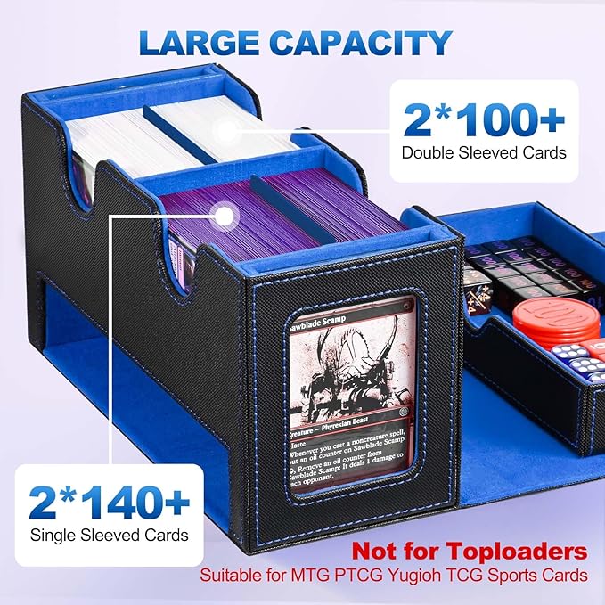Card Deck Box for MTG, Double Deck Storage Box with 2 Commander Display & 1 Dice Tray, Fits 200+ Double Sleeved, Card Organizer for CCG TCG Sports (Black Blue)