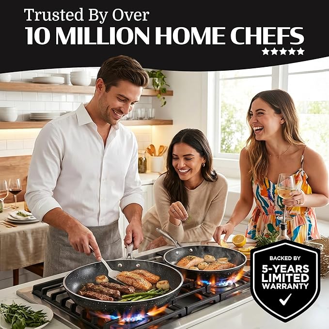 Granitestone Ceraluxe 3pc Non Stick Frying Pans Set, 8,10,12 inch Ceramic Frying Pan Skillet Set, Non Toxic Frying pans Nonstick for Cooking, Induction Ready, PFOA Free, Oven & Dishwasher Safe - Black