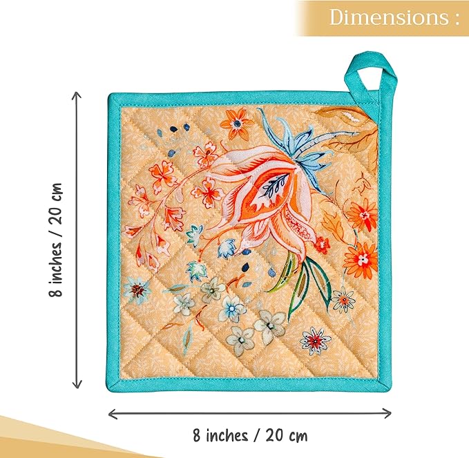 Maison d' Hermine Pot Holders Set 100% Cotton Heat Resistant Potholders 8" x 8" Hot Pads with Loop BBQ, Cooking, Grilling, Kitchen, Handling Hot Pans Spring/Summer (Pack of 2, Luxury Loft ??Peach)