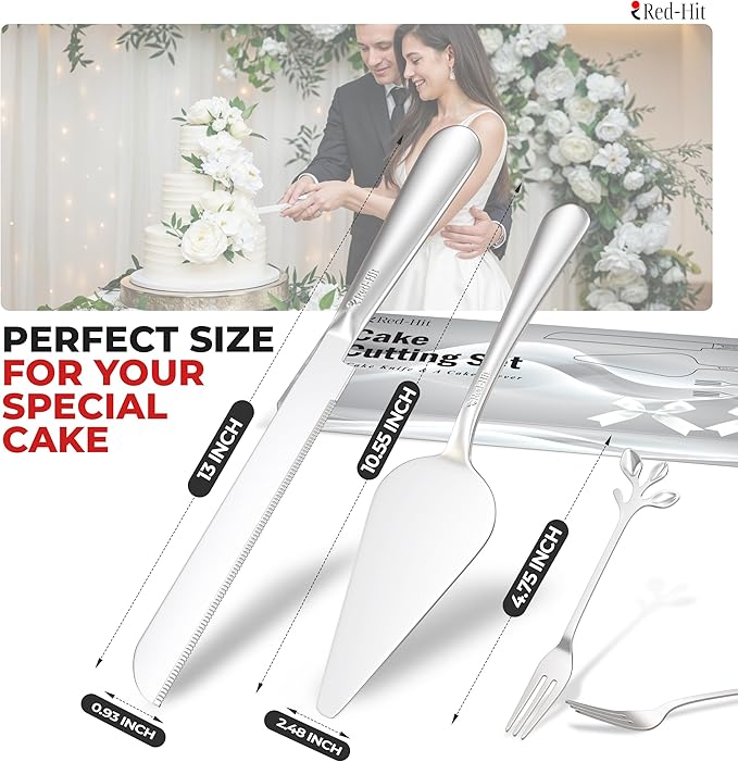 Elegant Silver Cake Knife and Server Set, Extra Thick Stainless Steel Cake Cutter and Cake Server with Bonus Forks & White Bows, Cake Cutting Set for Wedding, Birthday and Christmas Celebrations