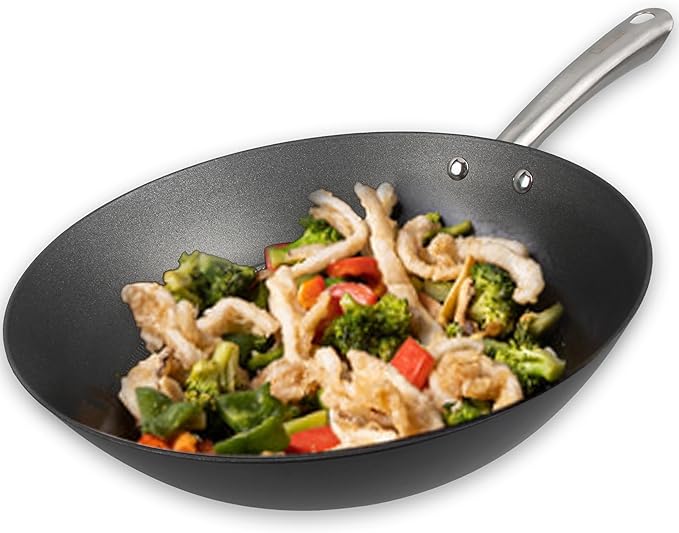 Cuisiland 12" Honeycomb Classic Cast Iron Wok ??Non-Stick Wok, Stainless Steel Long Handles, Oven Safe Cookware Classic Cast Iron Heat Retention, Less Oil Cooking