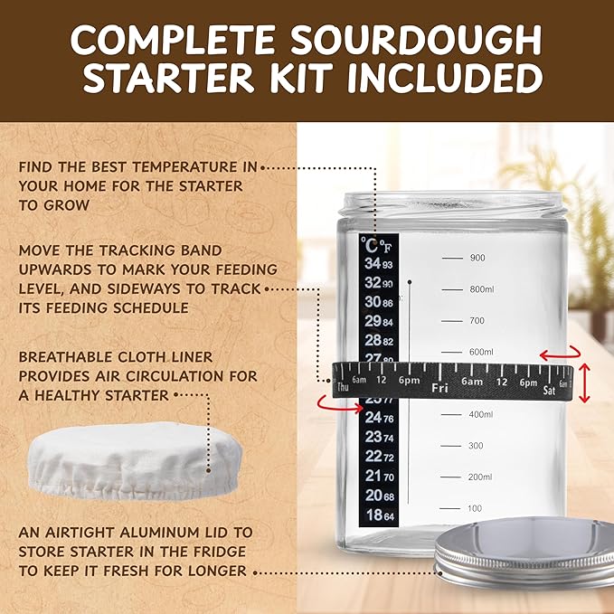 Complete Sourdough Bread Starter Kit, Glass Sourdough Starter Jar Kit & Tons of Sourdough Baking Supplies - Sourdough Starter Kit Includes Sourdough Jar, Banneton Bread Proofing Basket & More