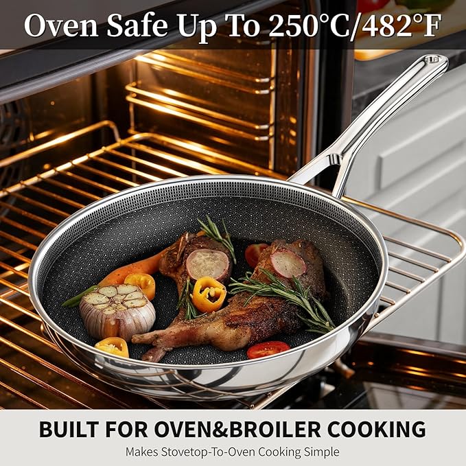 Non Stick Frying Pan 11 Inch,Stainless Steel Ceramic Skillet,Nonstick Cooking Pan,PFAS PFOA PTFE Free&Non Toxic,Induction Compatible-Gas&Electric Stovetops,Oven&Dishwasher Safe, Chef's Pan