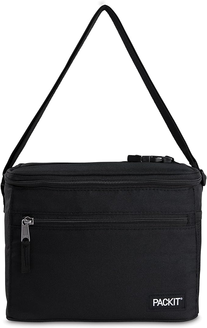 PackIt짰 Freezable Essential Cooler, Black, Built with EcoFreeze짰 Technology, Fully Freezable, Collapsible, Reusable, With Removable Crossbody Strap, Top Clip Handle, Designed for Fresh Office