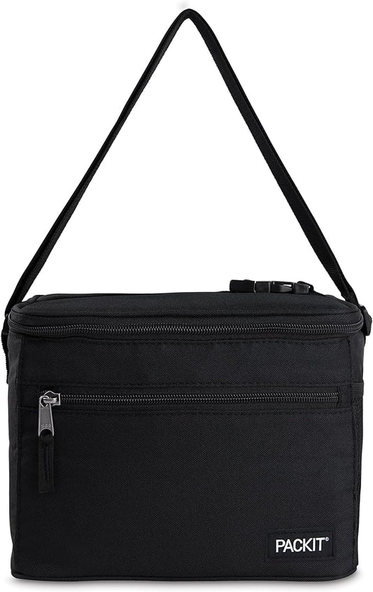 PackIt짰 Freezable Essential Cooler, Black, Built with EcoFreeze짰 Technology, Fully Freezable, Collapsible, Reusable, With Removable Crossbody Strap, Top Clip Handle, Designed for Fresh Office