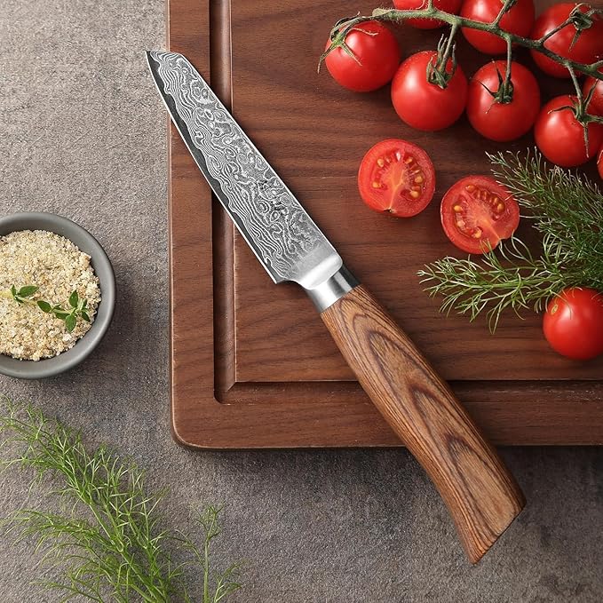 Wakoli EDIB Pro Damascus Mukimono Knife ??Japanese Style Paring and Garnishing Knife | 4-Inch Genuine Damascus Steel Blade with VG10 Core | Ergonomic Pakkawood Handle