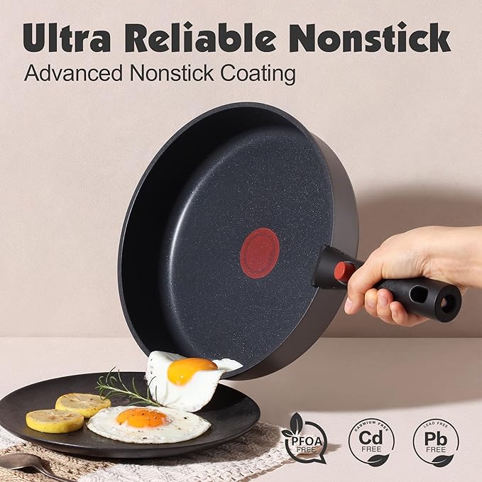 SENSARTE 17 Piece Pots and Pans Set, Nonstick Detachable Handle Cookware Set, Induction Thermo-Signal Cookware Set with Removable Handle, Healthy Non Stick for RV, Dishwasher 竊?Oven Safe (Black)