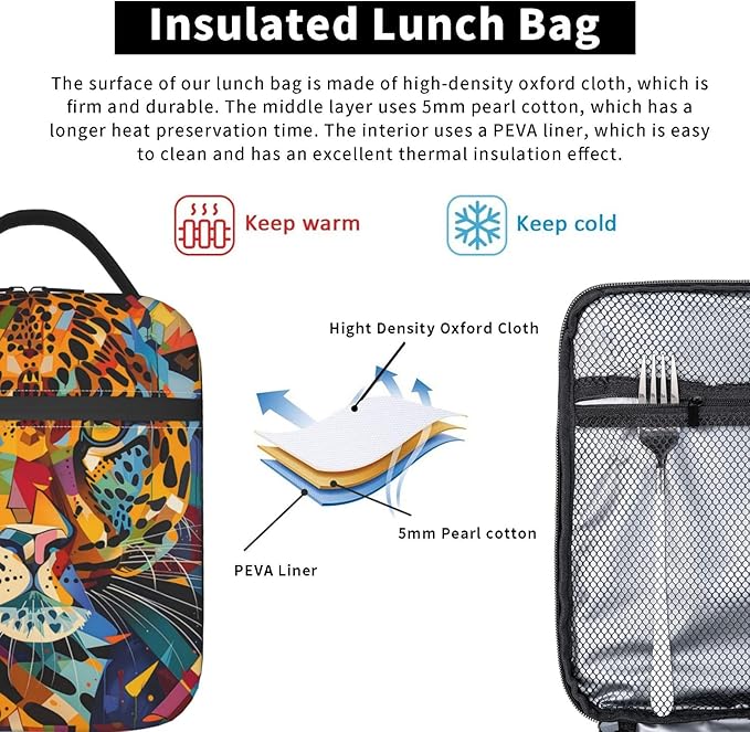 VANZEV Colorful Leopard Face Pattern Insulated Lunch Box Gifts for Kids Adults Vibrant Cheetah Print Reusable Portable Lunchbox Cooler Lunchbag for Work Picnic School Travel or Hiking