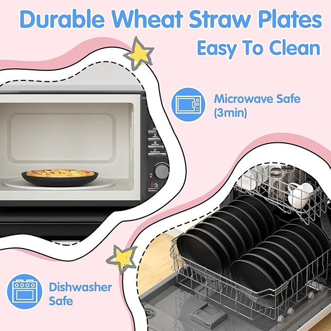 Quatish 10 PCS Unbreakable Reusable Plastic Plates,10 inch Dishwasher & Microwave Safe Dinner Plate, Easy-to-Clean Lightweight,Portable for Kitchen & Picnics Wheat Straw Plates（Black）