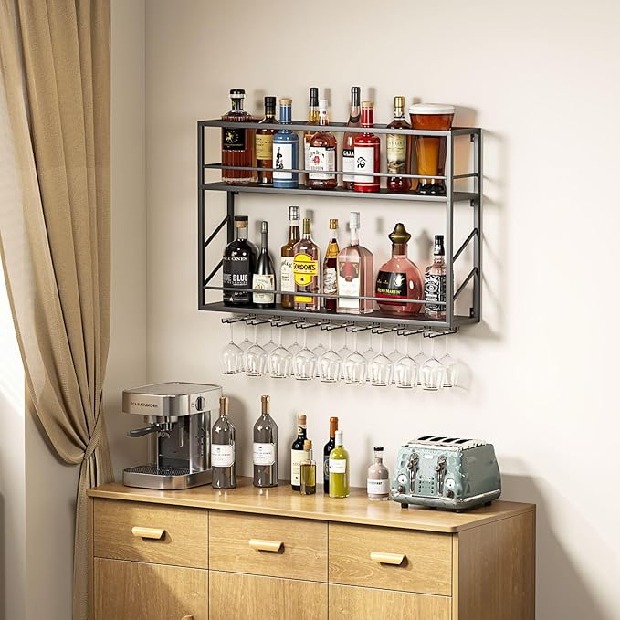 Wall Mounted Wine Rack with Glass Holder, 2-Tier Multi-Functional Shelf for Home, Restaurant, and Bar Storage (39.3?쓂 x 7.8?쒭 x 26?쒱)