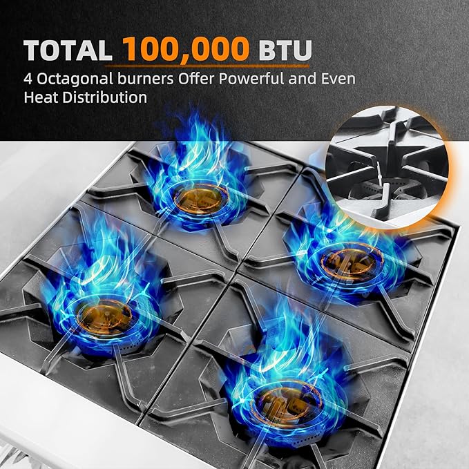 4 Burner Commercial Hot Plate, 24" Countertop Gas Stove Stainless Steel Natural Gas Range with Propane Conversion Kit Cooking Equipment for Restaurant Kitchen-100000 BTU