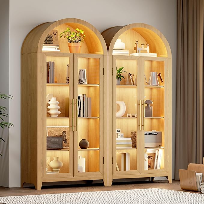 Vlsrka 71" Arched Storage Cabinet with Doors, Display Cabinet with LED Light & Human Sensor, 5-Tier Display Cases for Collectibles, Curio Cabinet with Ajustable Shelf for Living Room(Wood)