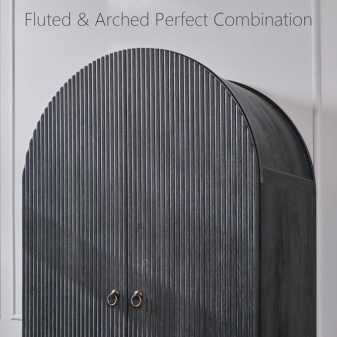 71" Tall Arched Pantry Cabinet, Fluted Kitchen Storage Cabinet with Adjustable Shelves and 2 Large Drawers, Freestanding Morden Versatile Cupboard for Living Room, Bathroom, Dark Gray