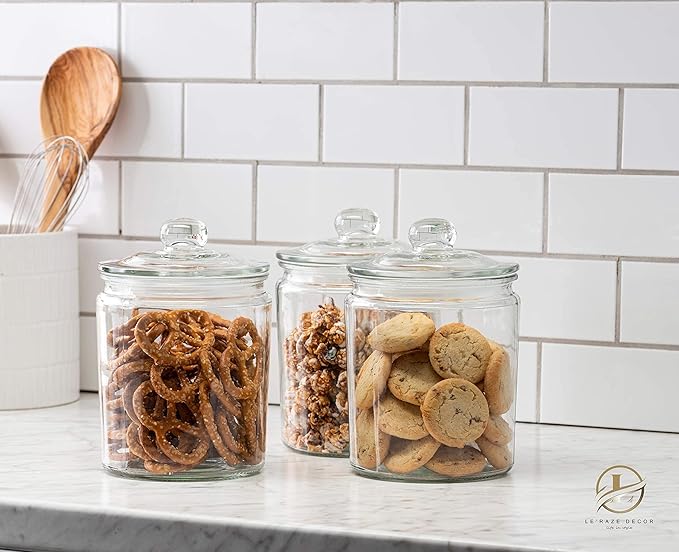 Le?셱aze 3pc Canister Sets for Kitchen Counter + Labels & Marker - Glass Cookie Jars with Airtight Lids - Food Storage Containers with Lids Airtight for Pantry - Flour, Sugar, Coffee, Christmas gift.