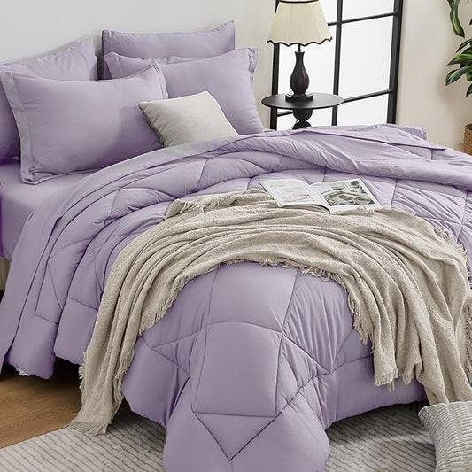 HEVUMYI Twin Purple Comforter Set - 5-Piece All Season Bed in a Bag Twin, Ultra Soft Bedding Set with Comforter, Flat Sheet, Fitted Sheet, Pillowcases, Pillow Shams, Lavender Purple