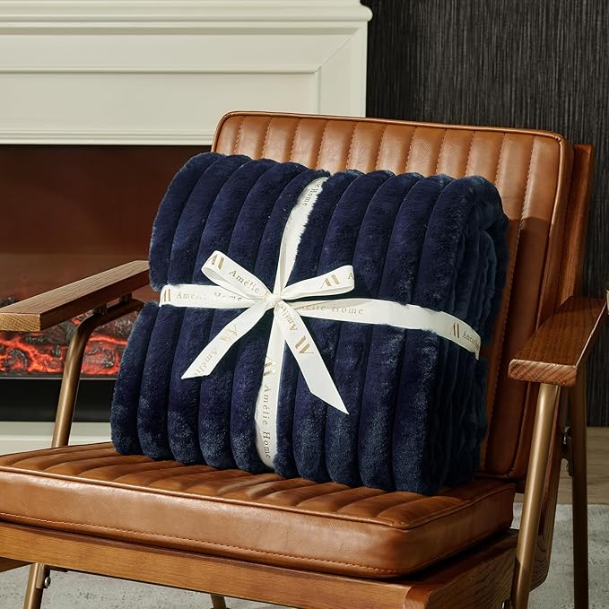 Am챕lie Home Faux Fur Throw Blanket for Couch, Cozy Fuzzy Fluffy Fur Luxurious Soft Striped Plush Gift Blankets for Family Sofa Chair Bedroom, 55"x70", Navy Blue