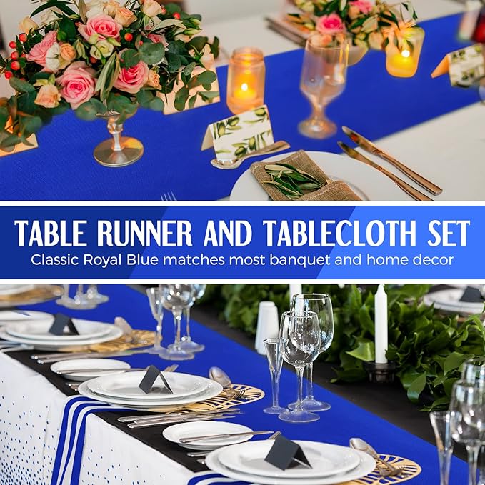 Tudomro 16 Pcs White and Royal Blue Disposable Plastic Tablecloths and Satin Table Runner Set 54x108 Inch Tablecloth 12x108 Inch Table Runners for New Year Wedding Birthday Baby Shower Graduation