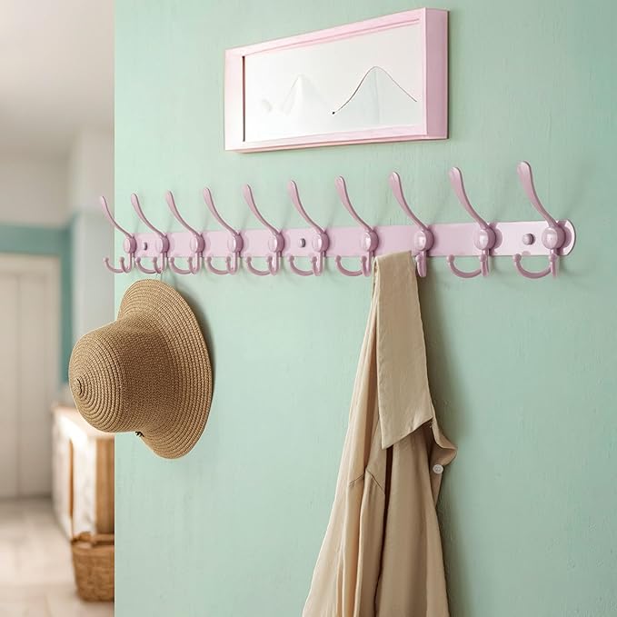 Dseap Coat Rack Wall Mount - 38??Long 10-Tri-Hooks Heavy Duty Coat Hanger Rail Wall Hooks for Hanging Coats Hats Clothing Clothes Purse Mudroom Entryway, Pink